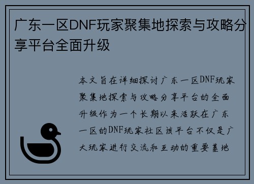 广东一区DNF玩家聚集地探索与攻略分享平台全面升级